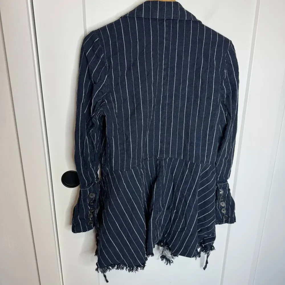 Free People Stella Navy Blue Striped Linen Blazer Jacket Size Medium